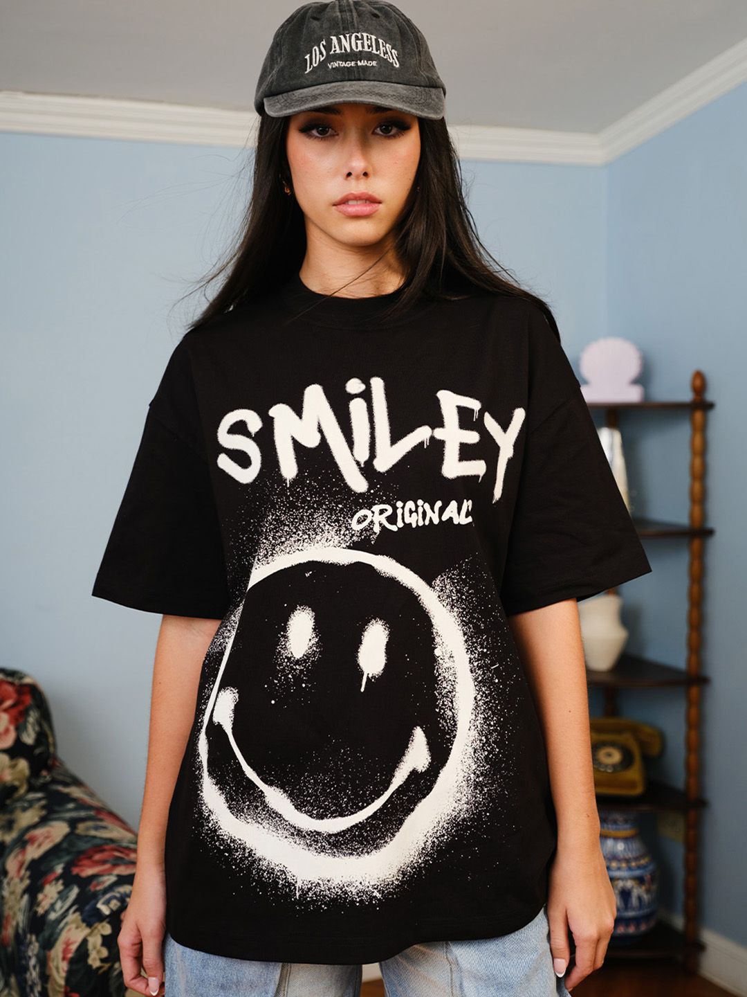 

Bonkers Corner Women Typography Printed Round Neck Cotton Oversized T-shirt, Black