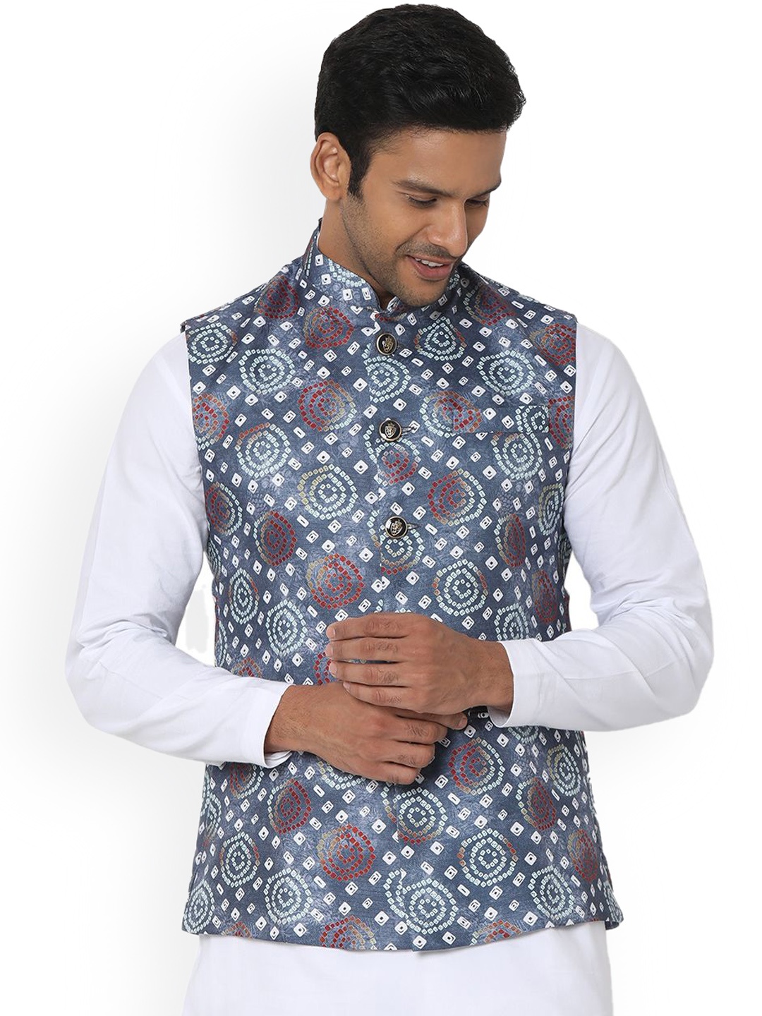 

SALWAR STUDIO Men's Printed Sleeveless Nehru Jackets, Grey