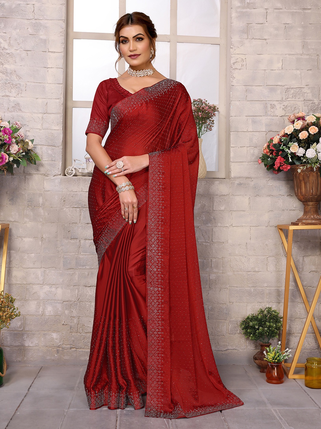 

KALINI Embellished Beads and Stones Saree, Maroon
