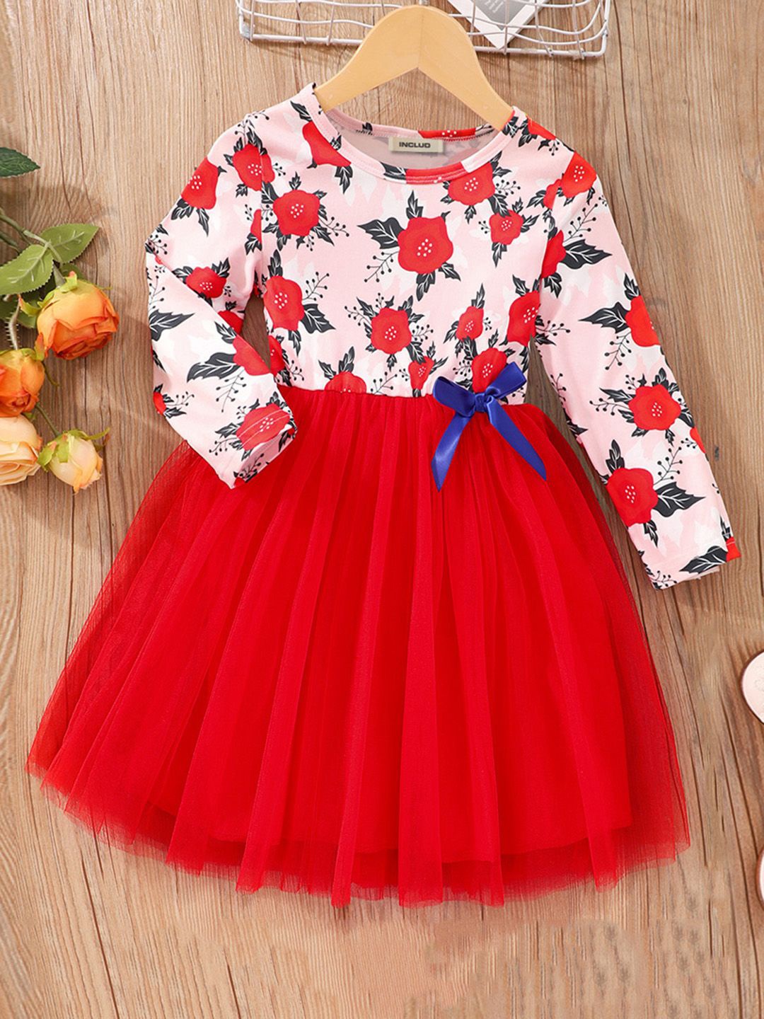 

INCLUD Girls Floral Printed Fit and Flare Dress, Red
