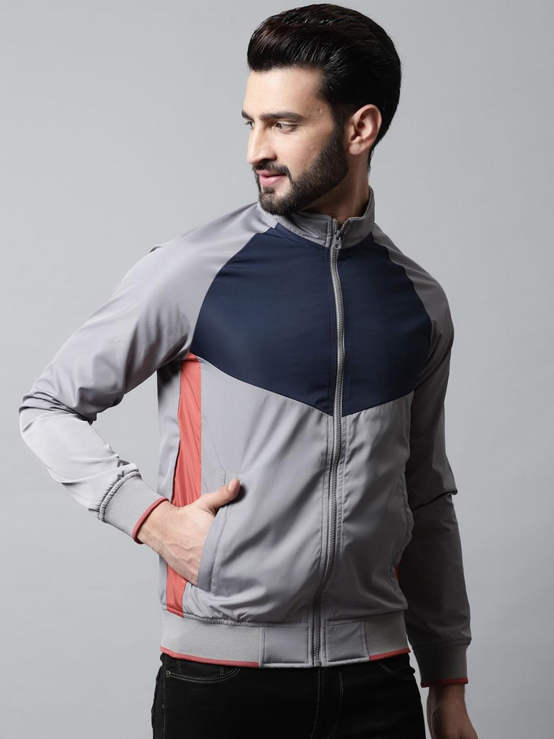 

HOUSE OF VEDAS Men Mock Collar Colourblocked Casual Biker Jacket, Grey