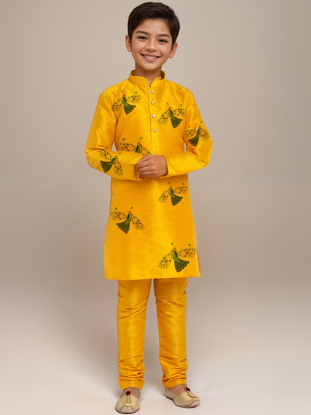 

DEVOILER Boys Ethnic Motifs Printed Regular Art Silk Straight Kurta with Churidar, Yellow