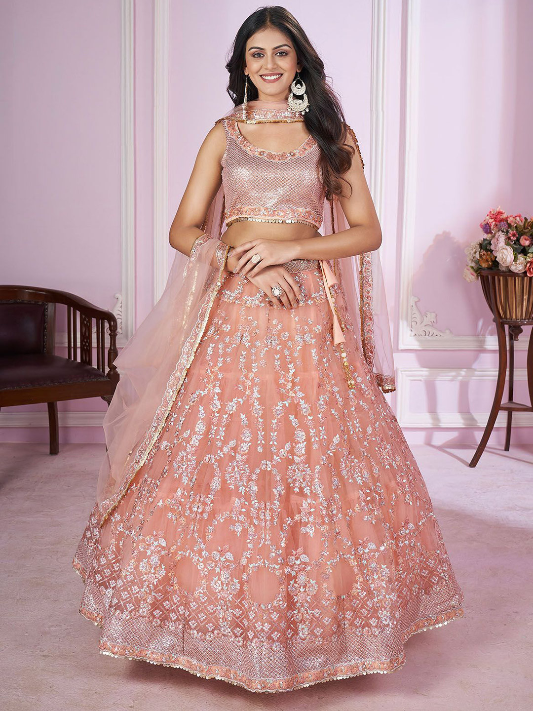 

ODETTE Embroidered Sequinned Semi-Stitched Lehenga & Unstitched Blouse With Dupatta, Peach