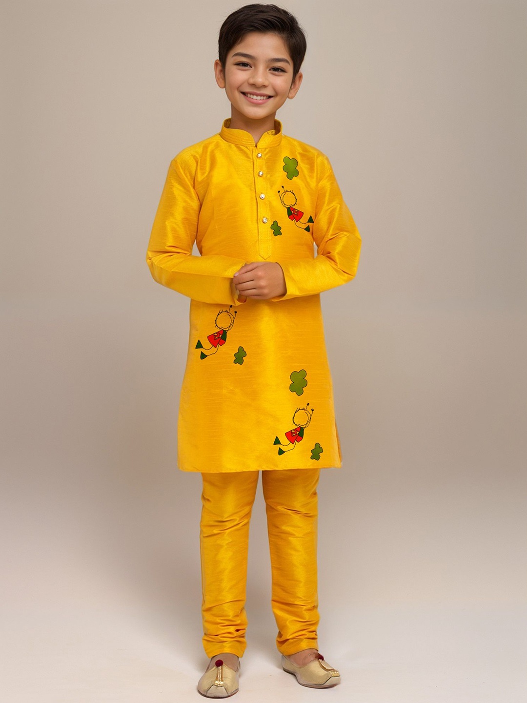 

DEVOILER Boys Quirky Printed Regular Art Silk Straight Kurta with Churidar, Yellow