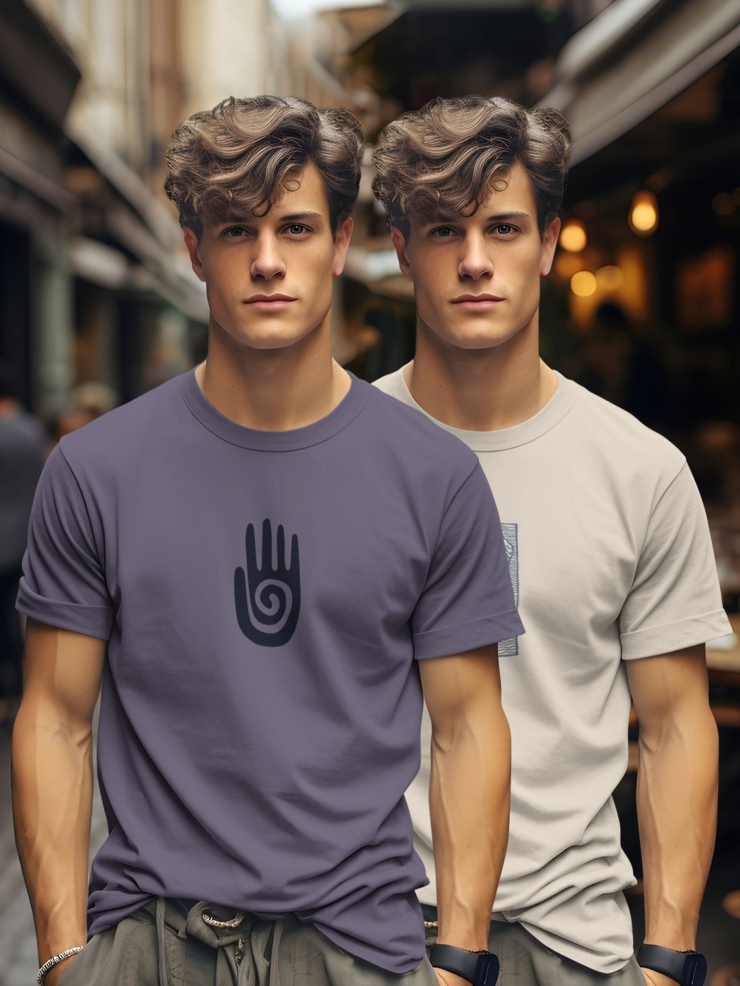 

BULLMER Men Pack Of 2 Graphic Printed Round Neck Cotton T-shirts, Purple