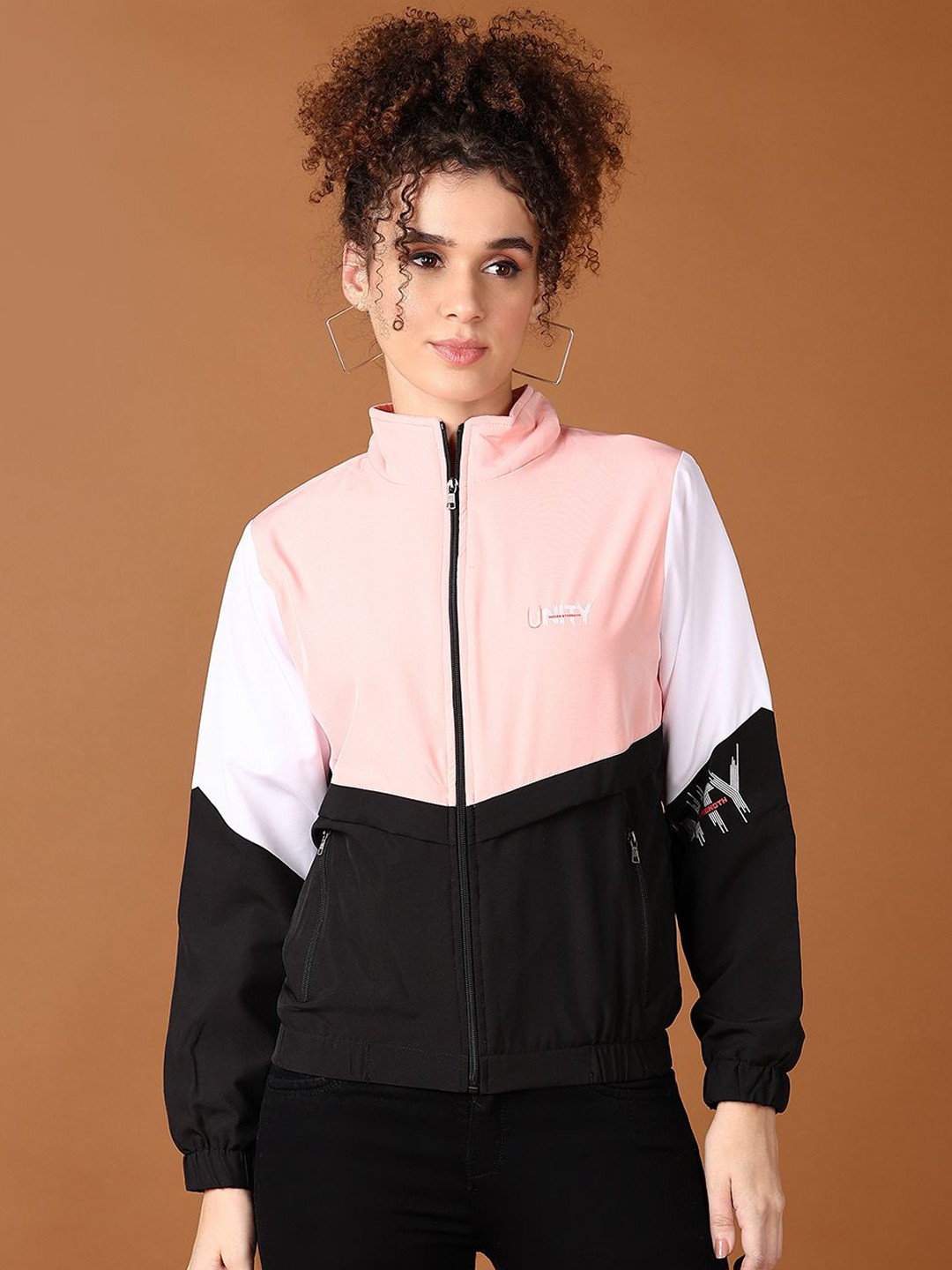 

V-Mart Women Mock Collar Colourblocked Cotton Casual Bomber Jacket, Black
