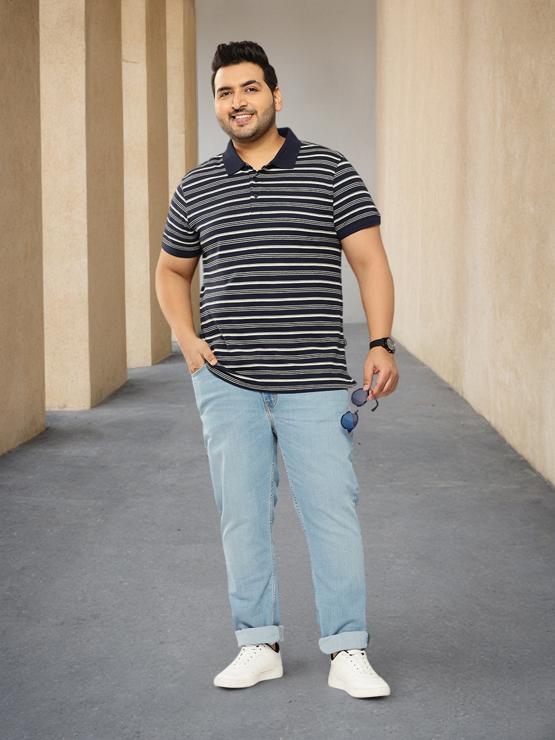 

Sztori Plus Size Striped Polo Collar T-shirt, Navy blue
