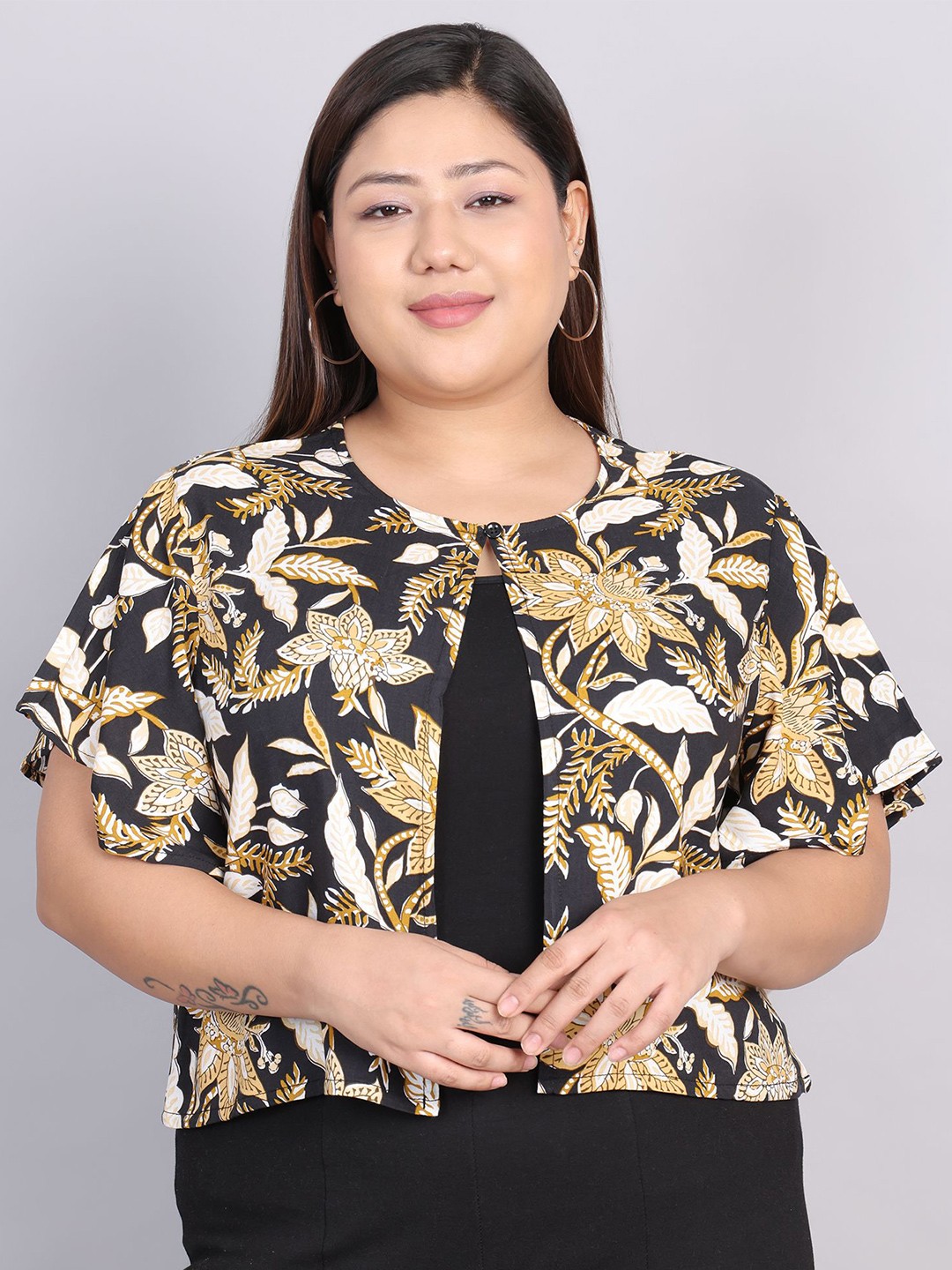 

Rute Plus Size Floral Printed Pure Cotton Open Front Shrug, Black
