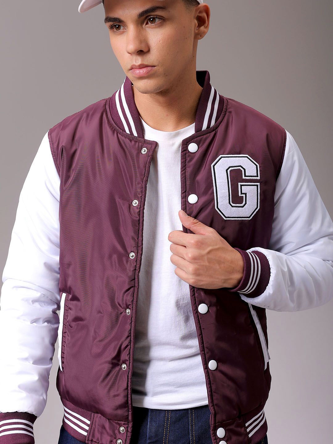 

The Indian Garage Co Men Stand Collar Typography Printed Casual Varsity Jacket, Maroon