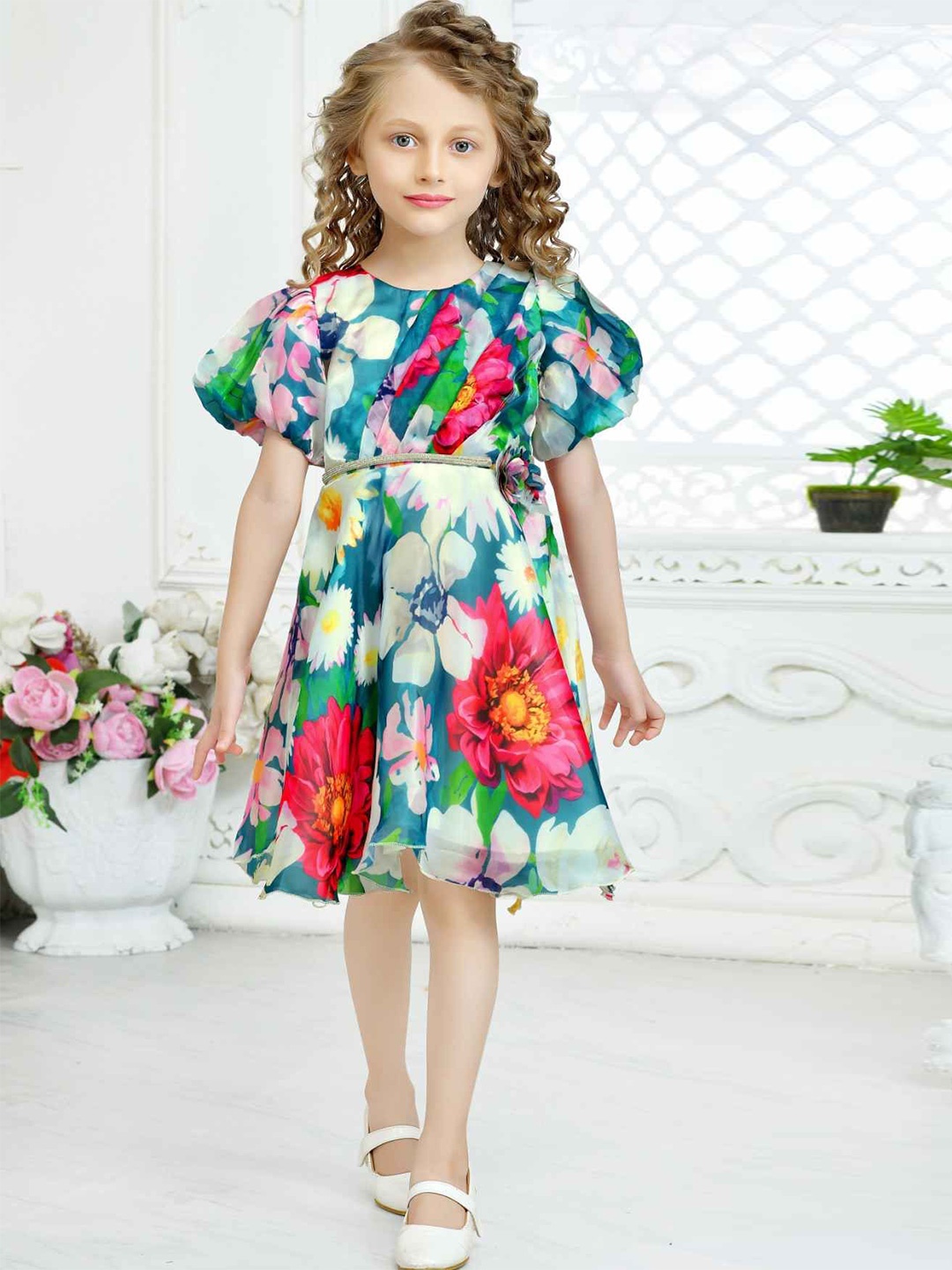 

Lagorii Girls Floral Printed Fit & Flare Dress, Teal