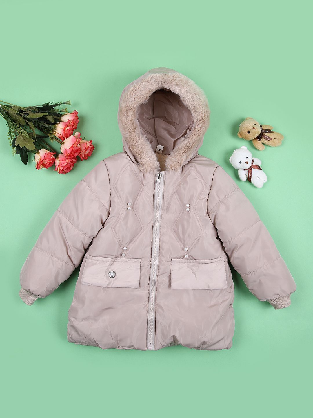 

V-Mart Girls Hooded Solid Cotton Casual Quilted Jacket, Beige