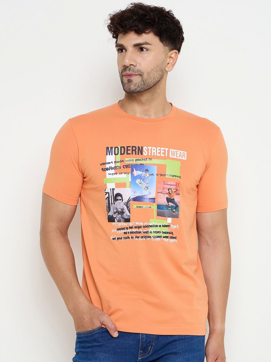 

Duke Men Graphic Printed Round Neck Cotton Slim Fit T-shirt, Orange