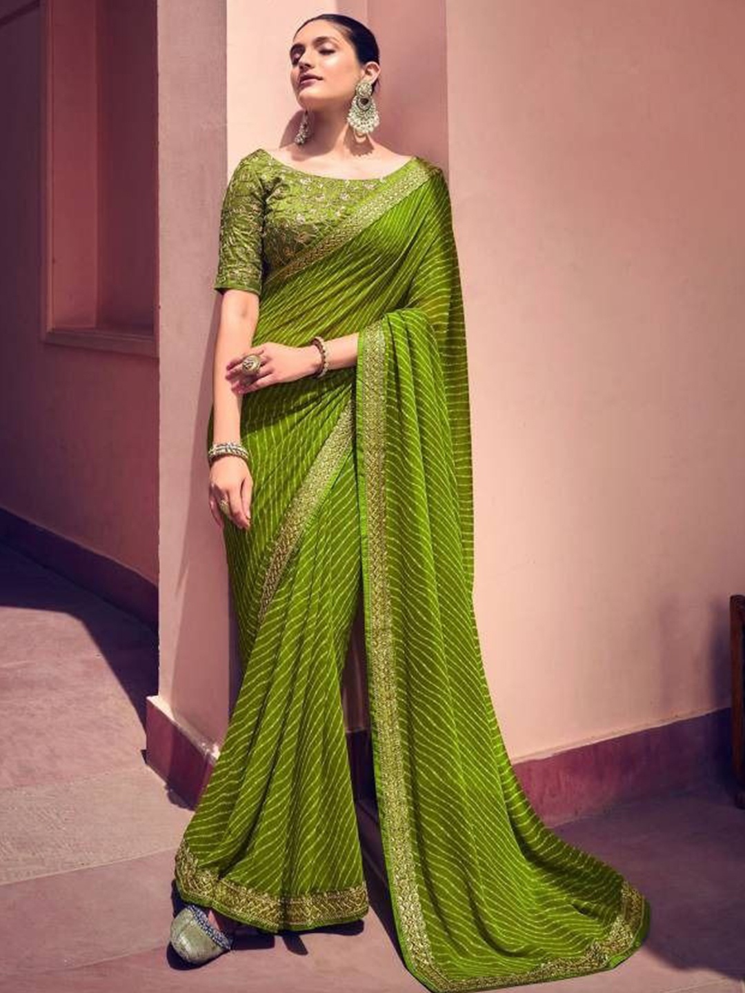 

Sanwariya Silk Striped Sequinned Pure Georgette Bagh Saree, Green