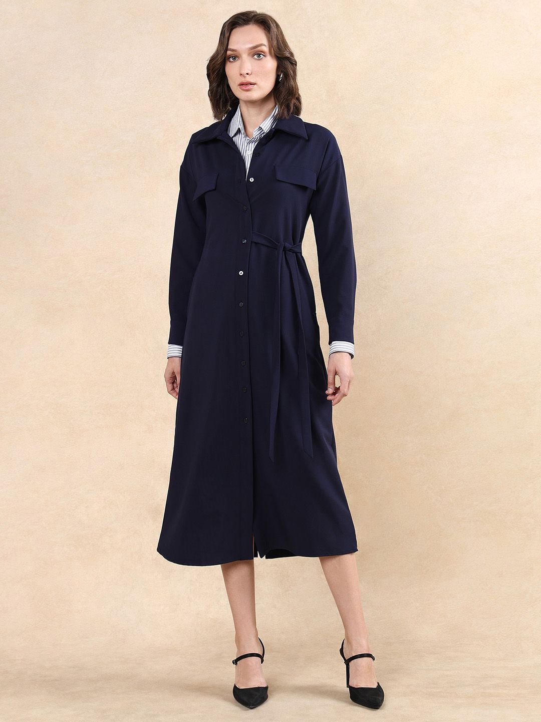 

RAREISM Women Spread Collar Solid Cotton Casual Tailored Jacket, Navy blue