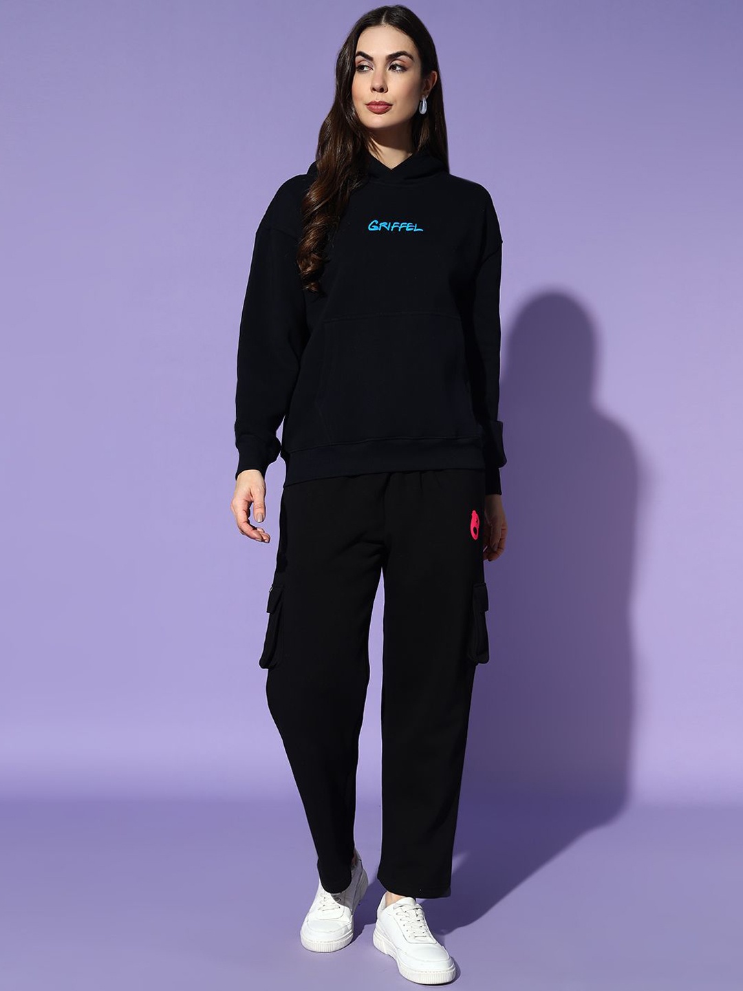 

GRIFFEL Women Brand Logo Printed Hooded Tracksuits, Black