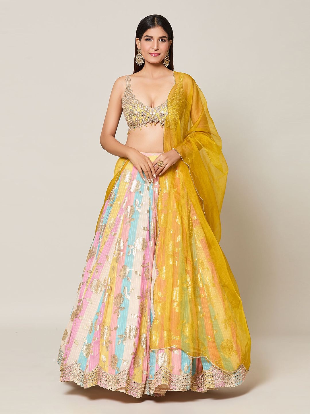 

Samyukta Singhania Embroidered Mirror Work Ready to Wear Lehenga & Blouse With Dupatta, Mustard