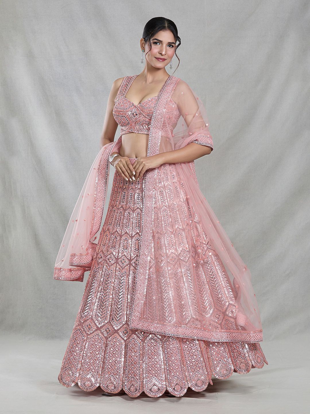 

Samyukta Singhania Embellished Sequinned Net Ready to Wear Lehenga & Blouse With Dupatta, Peach