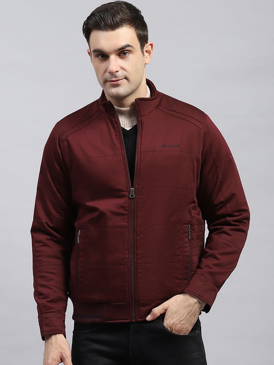 

Monte Carlo Men Mock Collar Solid Cotton Casual Padded Jacket, Maroon