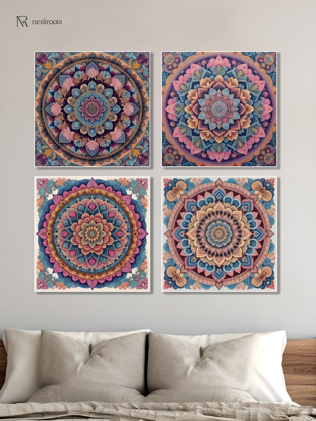 

nestroots Pink & Blue 4 Pieces Mandala Flower Canvas Painting Wall Arts