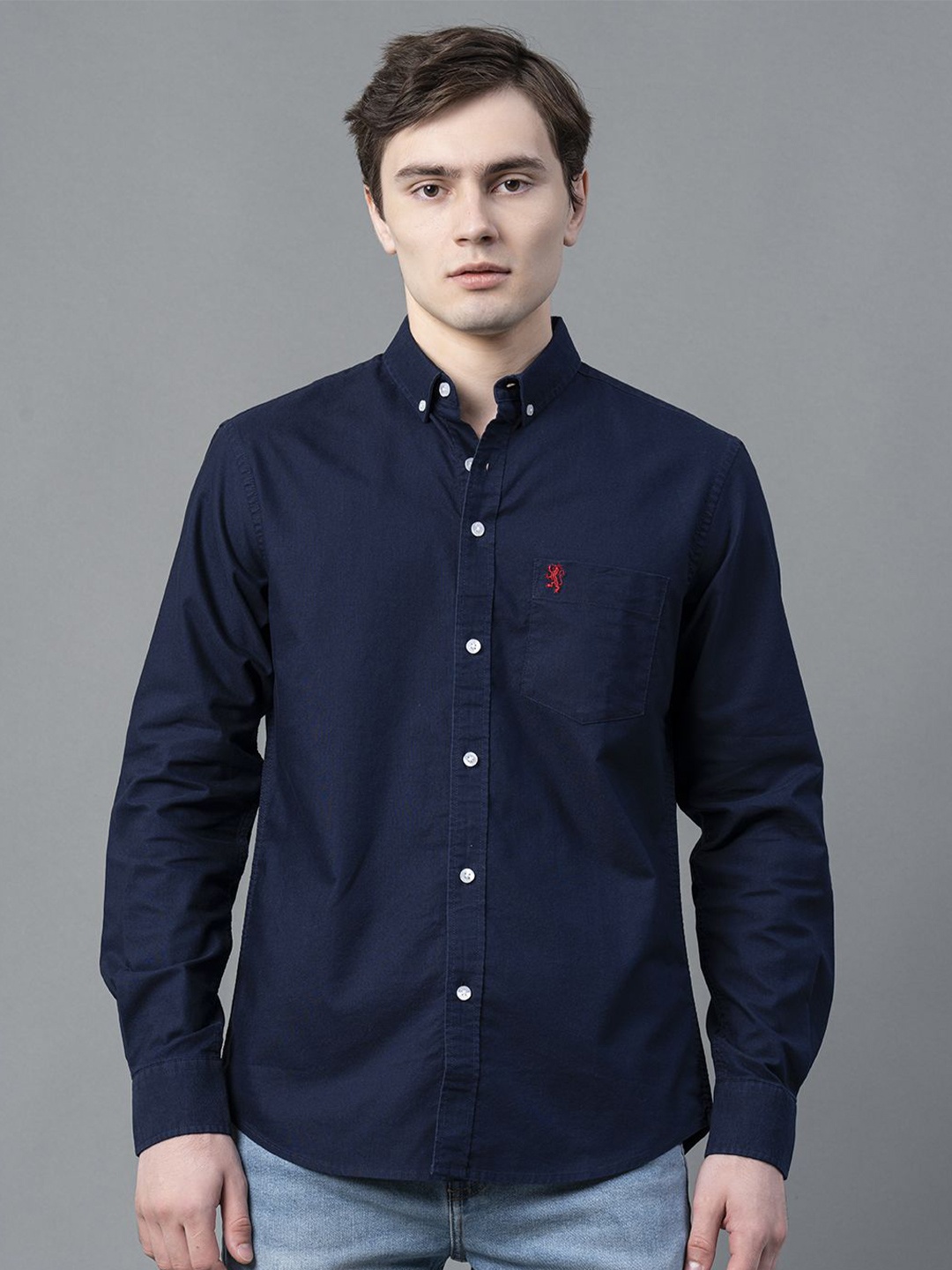 

Red Tape Men Button-Down Collar Solid Cotton Casual Shirt, Navy blue