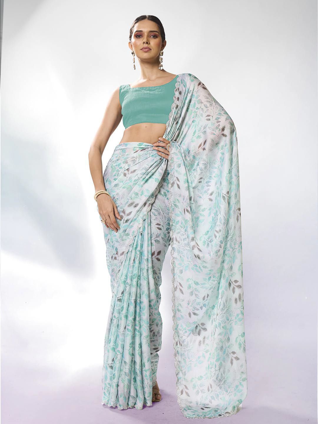 

Kalista Floral Satin Ready to Wear Saree, Sea green