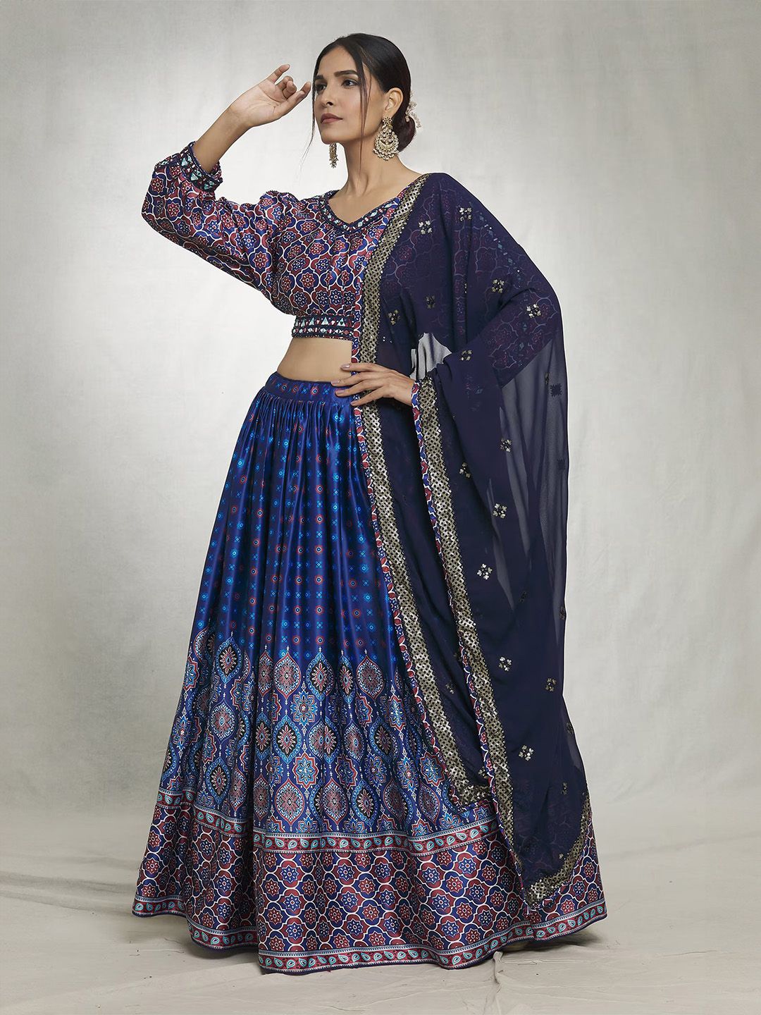 

Ishin Floral Printed Thread Work Ready to Wear Lehenga & Blouse With Dupatta, Blue