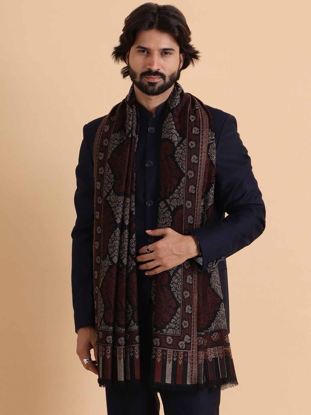 

Tweedle Ethnic Motifs Woven Design Woollen Shawl, Black