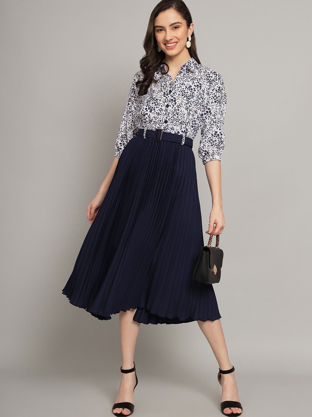 

Femvy Abstract Printed Shirt Collar Three-Quarter Sleeves Belted Fit and Flare Midi Dress, Navy blue