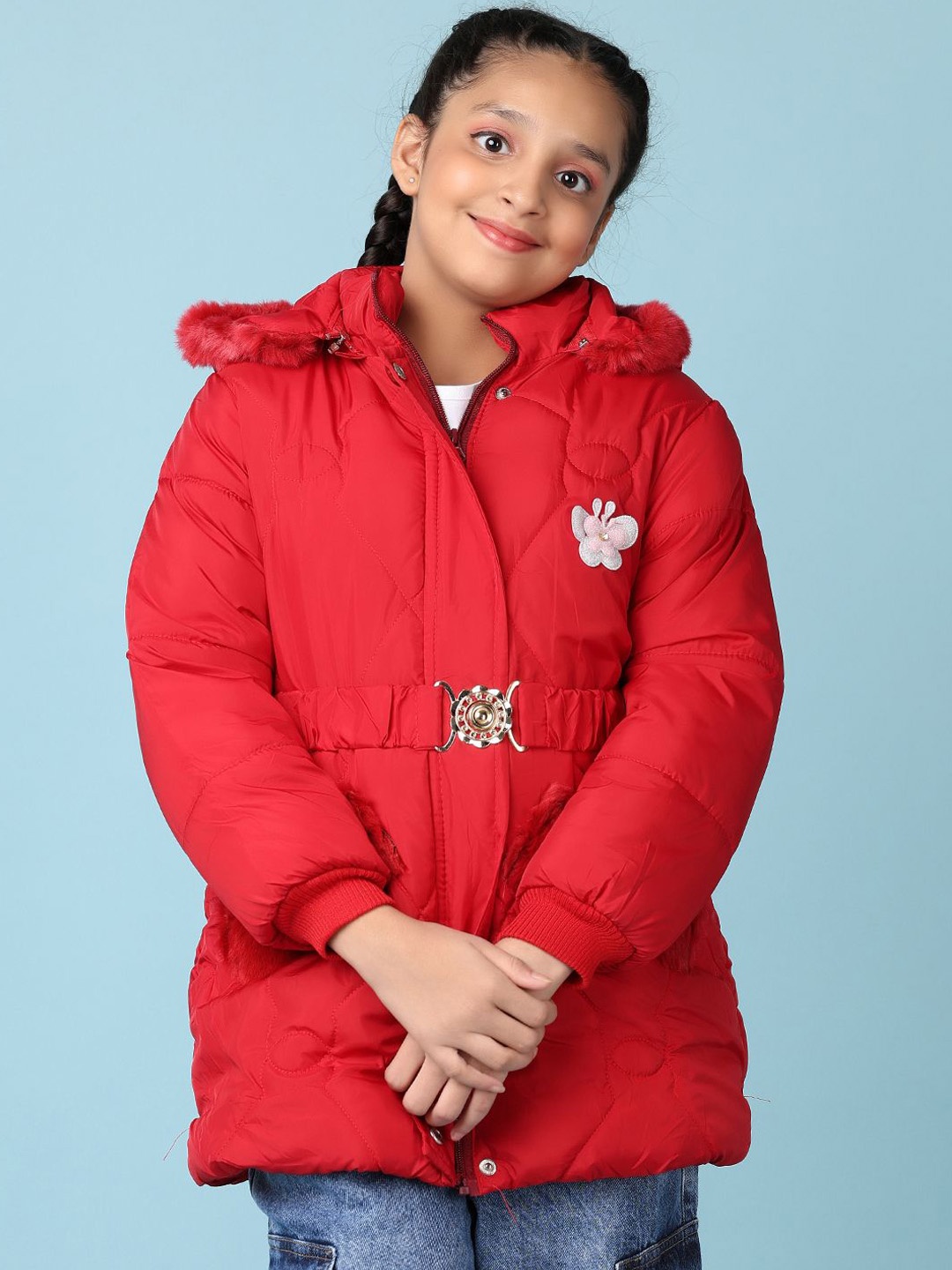 

V-Mart Girls Hooded Solid Cotton Casual Parka Jacket, Red