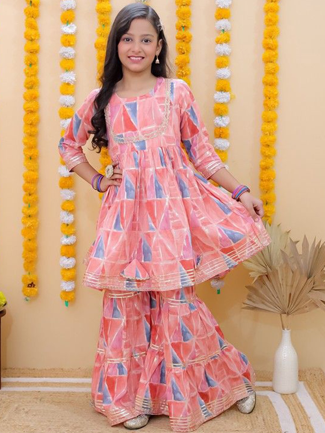 

AATYA KIIDS Girls Geometric Printed Round Neck Pure Cotton A-Line Kurta with Sharara, Peach