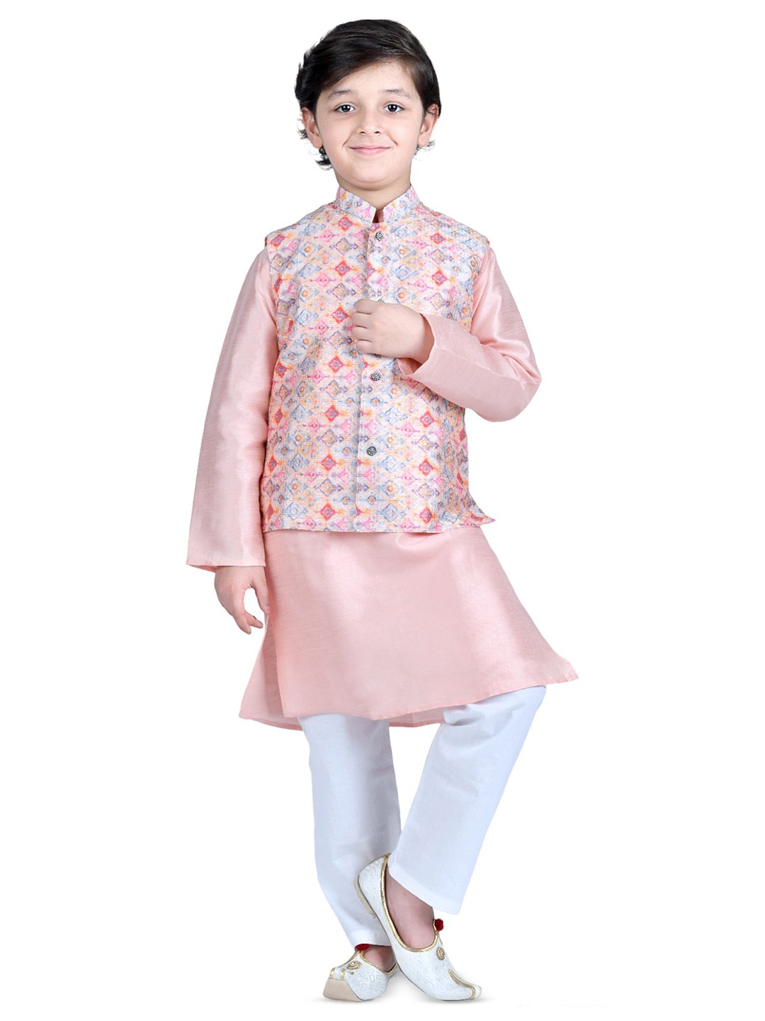 

itsmycostume Mandarin Collar Pure Cotton Kurta With Pyjamas & Printed Nehru Jacket, Peach