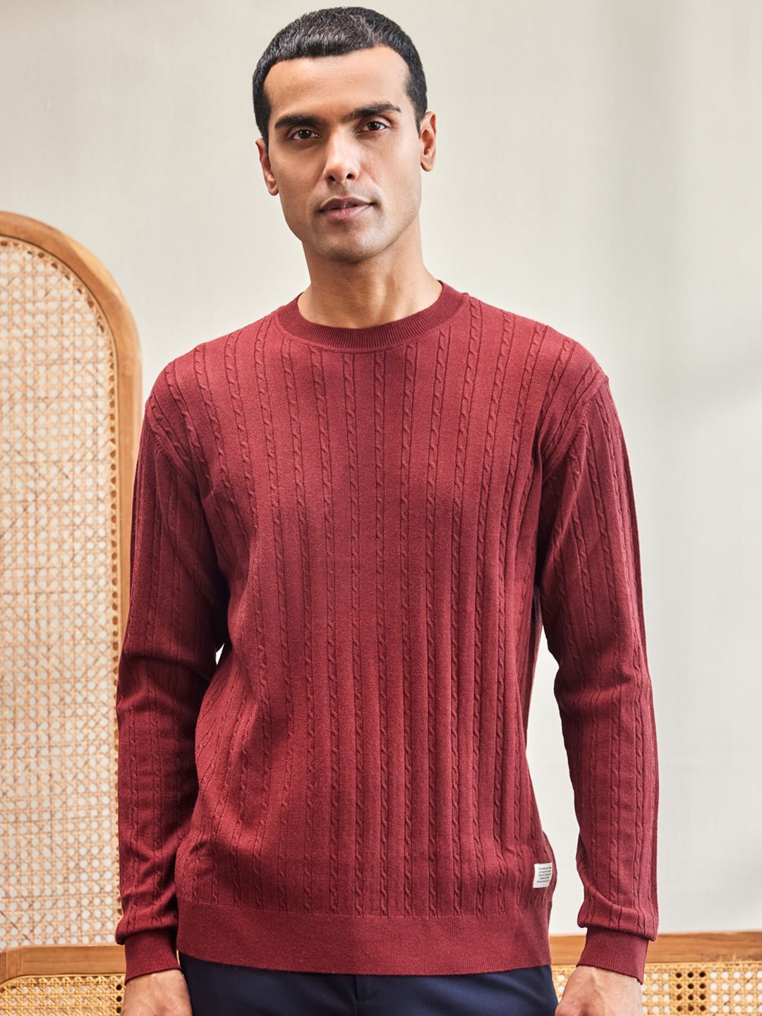 

Mr Bowerbird Men Self Design Cable Knit Pullover, Maroon