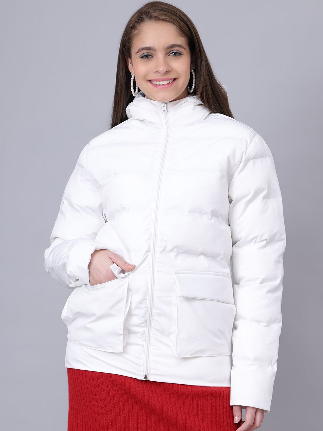 

HOUSE OF VEDAS Hooded Solid Casual Puffer Jacket, White