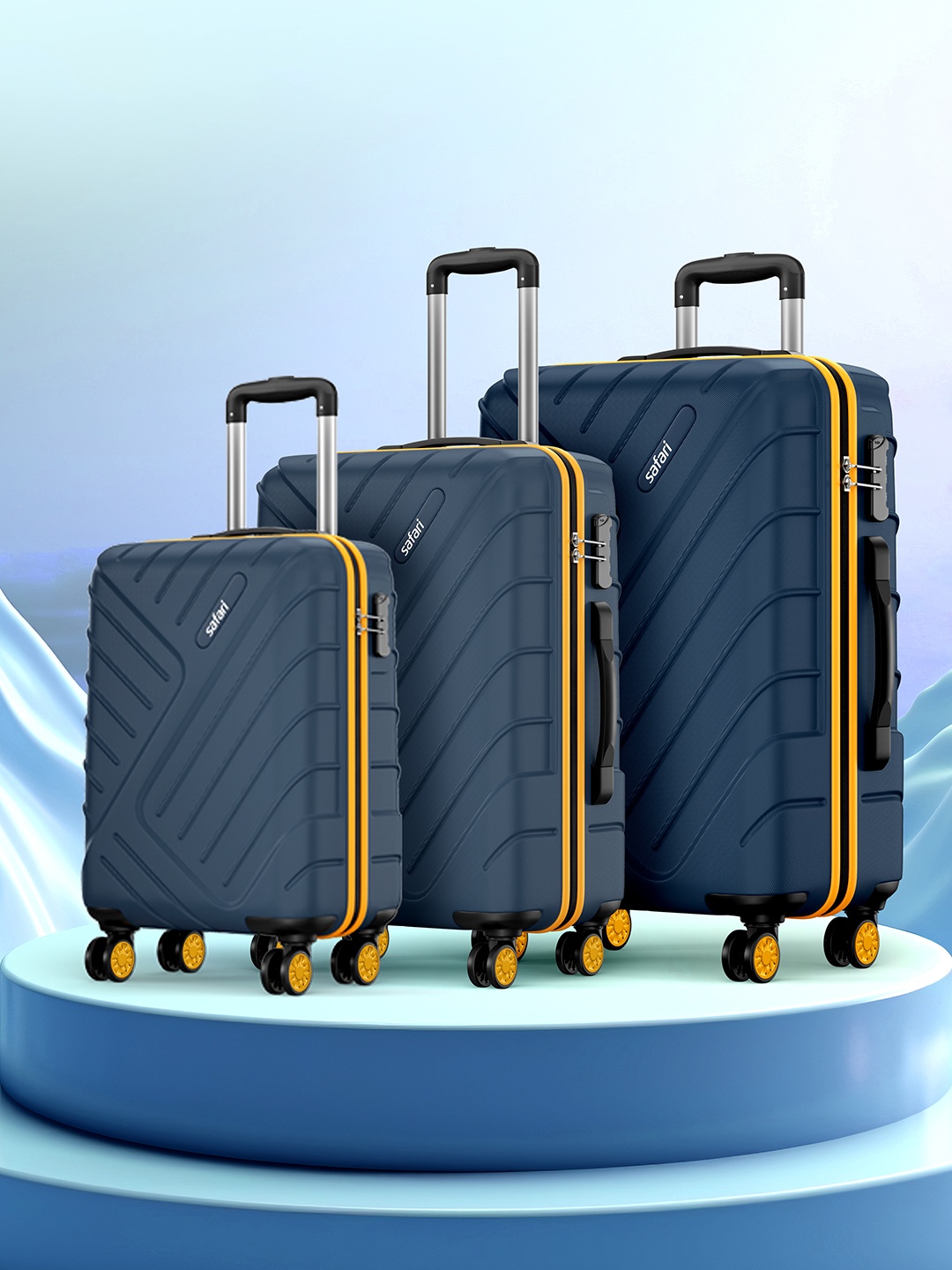 

Safari Set Of 3 Accent 8 wheel Hard Cabin Medium & Large Trolleys, Blue