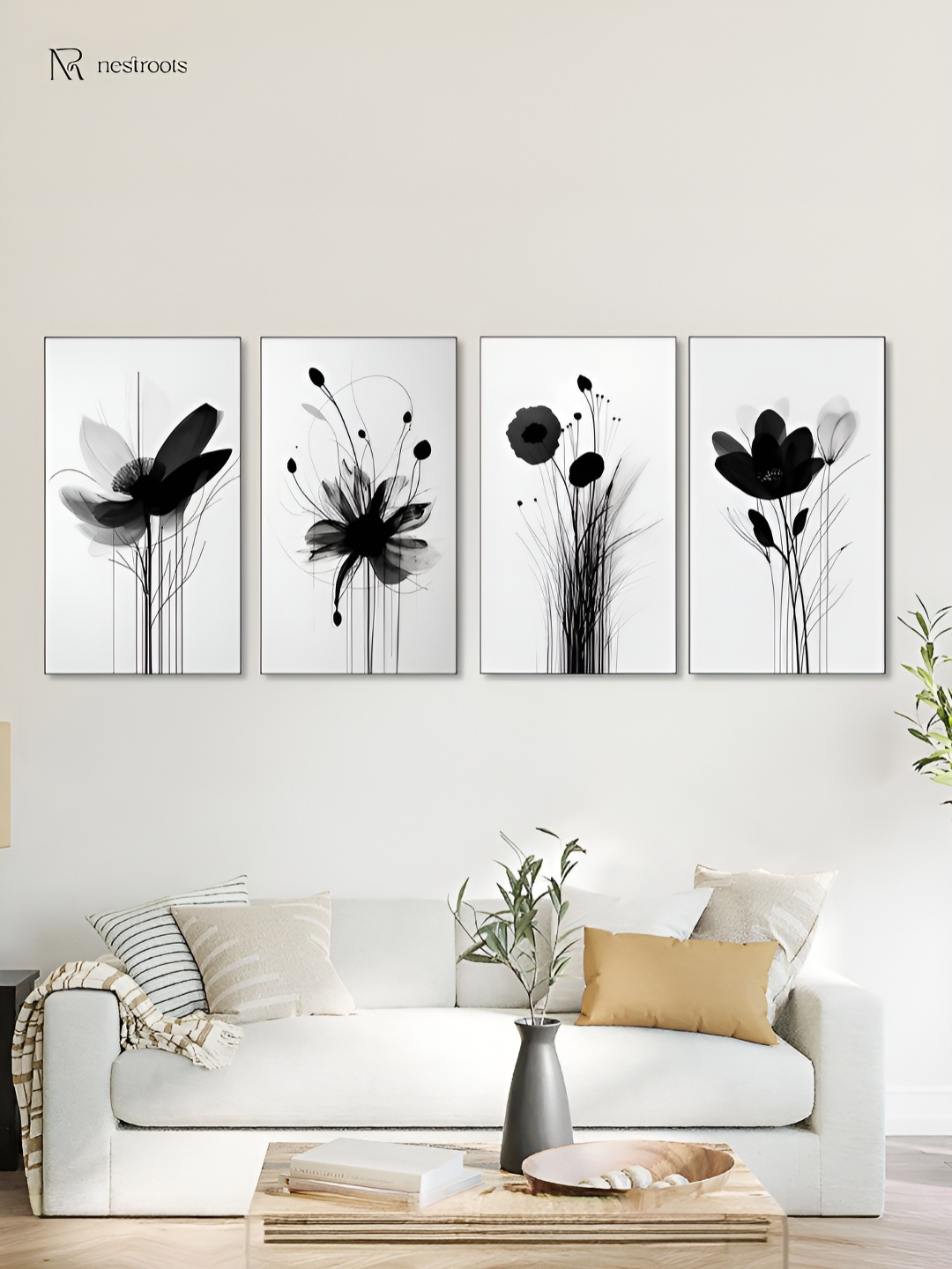 

nestroots Monochrome Floral Elegance White & Black 4 Pieces Canvas Wall Art