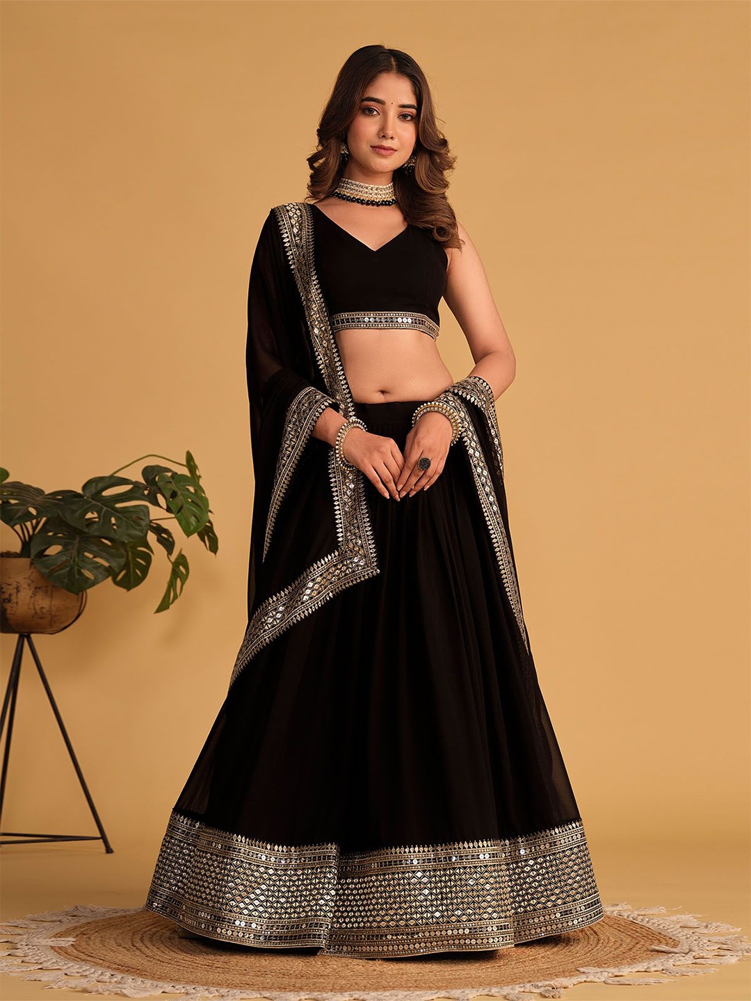 

ODETTE Embellished Sequinned Semi-Stitched Lehenga & Unstitched Blouse With Dupatta, Black
