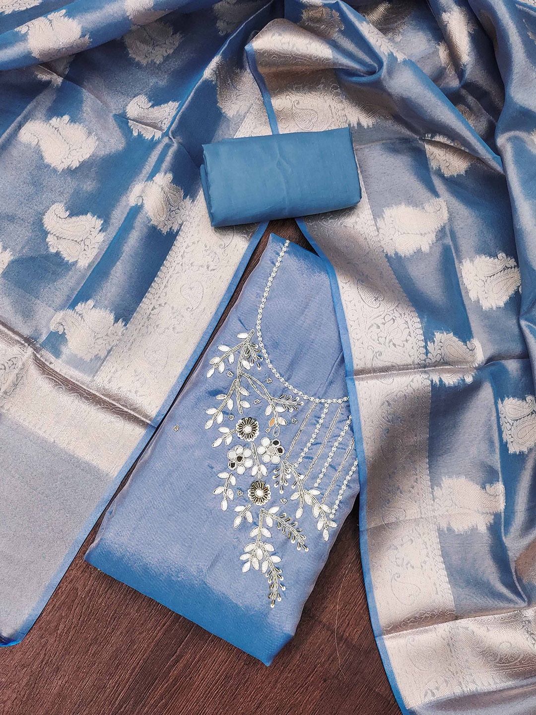 

KIMISHA Floral Embroidered Unstitched Dress Material, Blue