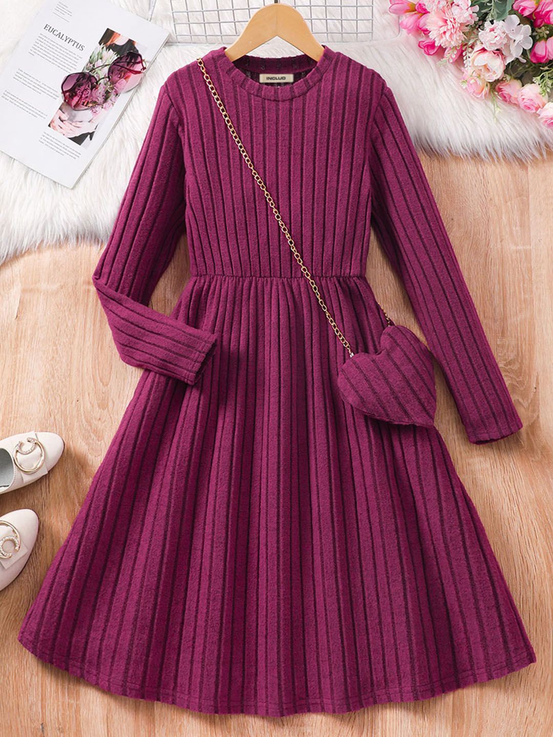 

INCLUD Girls Fit & Flare Long Sleeve Knitted Dress, Red