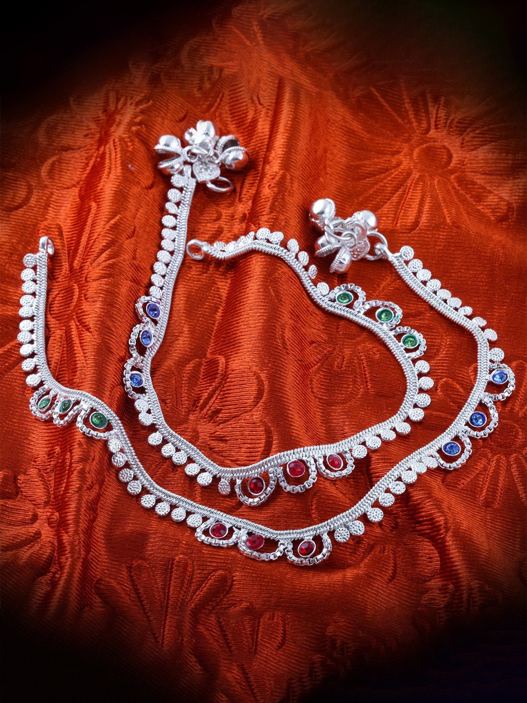 

Heer Collection Set Of 2 Silver-Plated Stone Studded Anklets