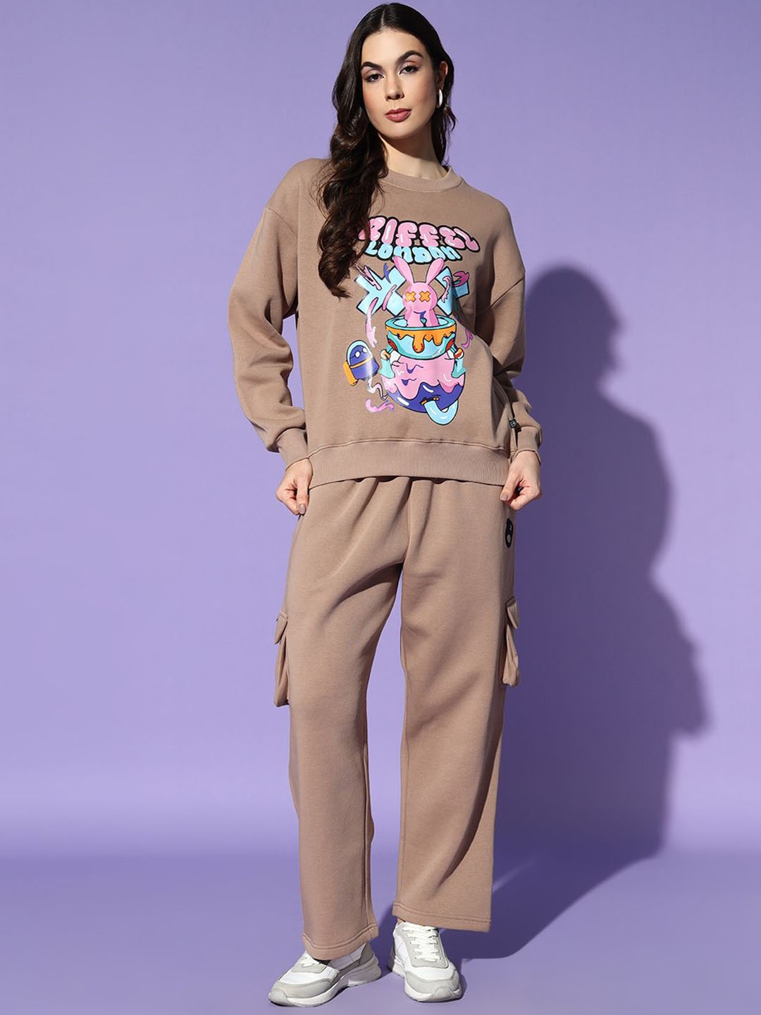 

GRIFFEL Women Graphic Printed Oversized Tracksuits, Camel brown