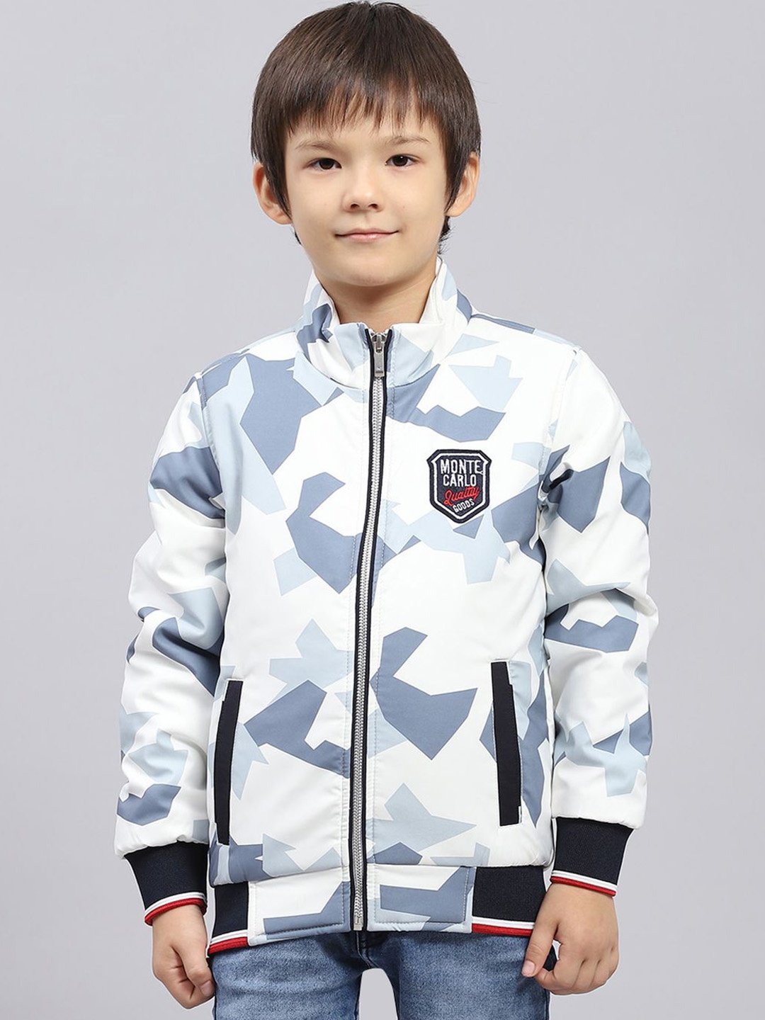 

Monte Carlo Boys Mock Collar Camouflage Printed Casual Bomber Jacket, White