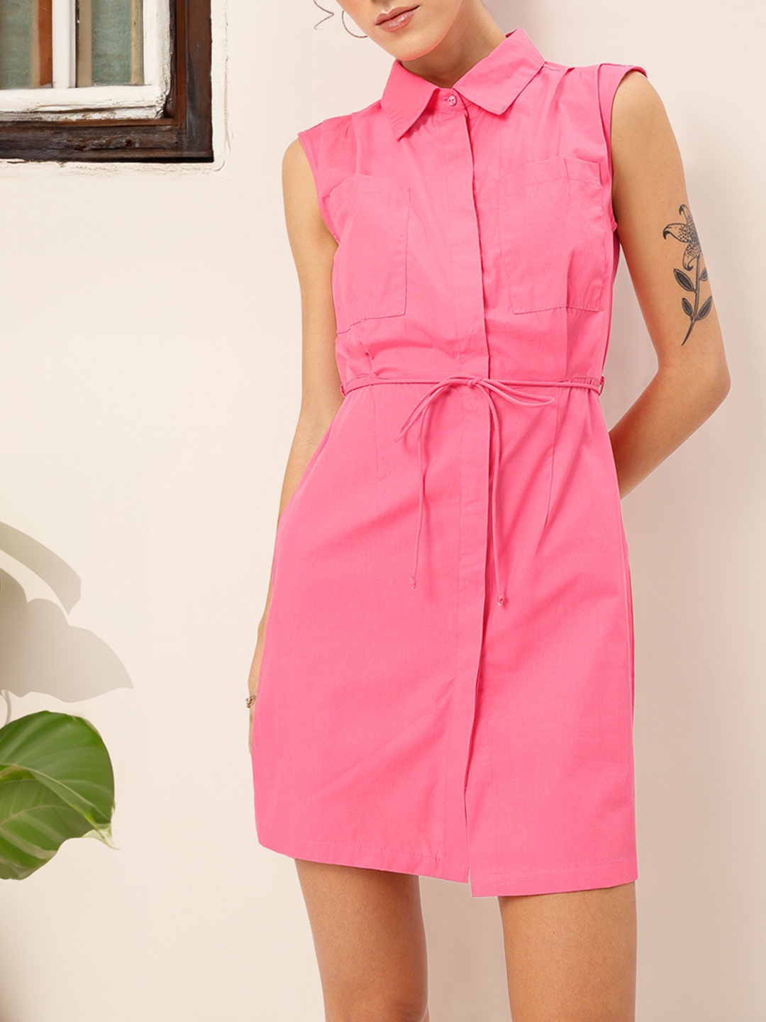 

DressBerry Scenic Shift Waist Tie-Up Mini Shirt Dress, Pink