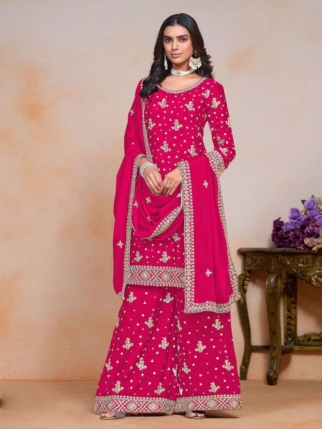 

ODETTE Women Embroidered Regular Kurta with Sharara & With Dupatta, Pink