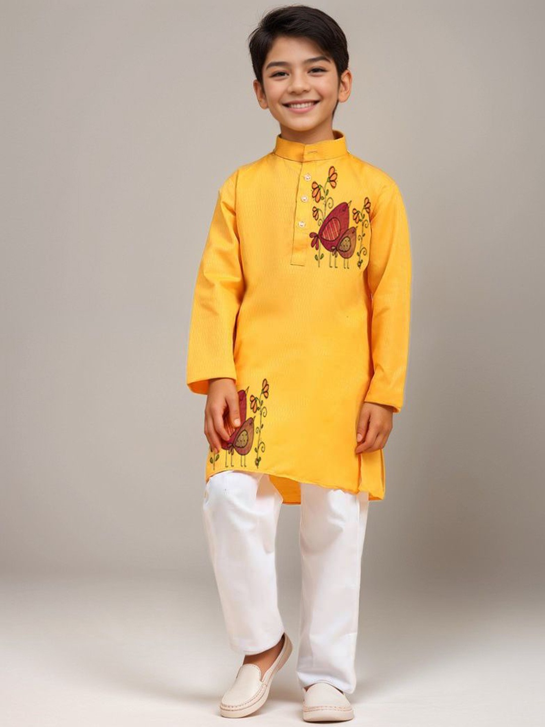 

DEVOILER Boys Floral Printed Band Collar Cotton Straight Kurta, Yellow