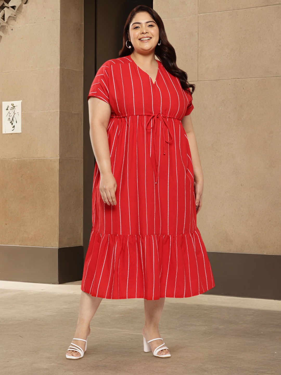 

Sztori Plus Size Cotton Linen Tie-Up Striped A-Line Midi Dress, Red