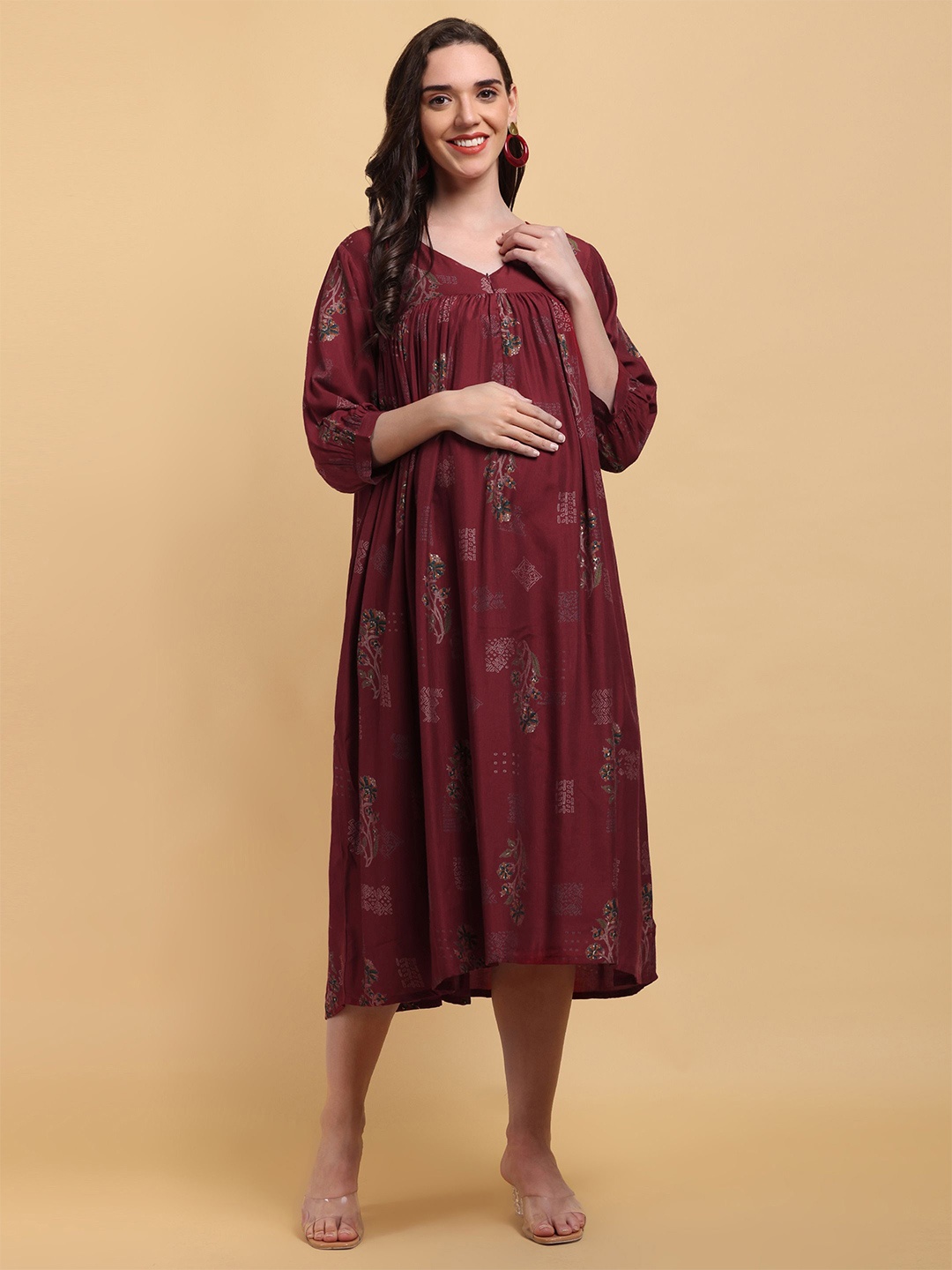 

CHARISMOMIC Floral Printed Maternity Fit & Flare Dress, Maroon