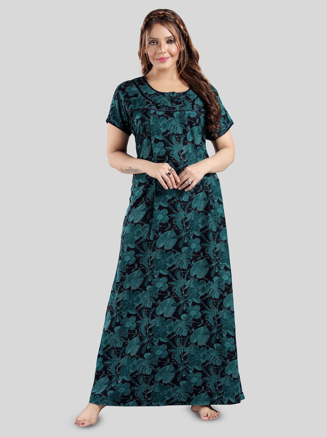 

Fabme Women Floral Printed Maxi Nightdress, Green