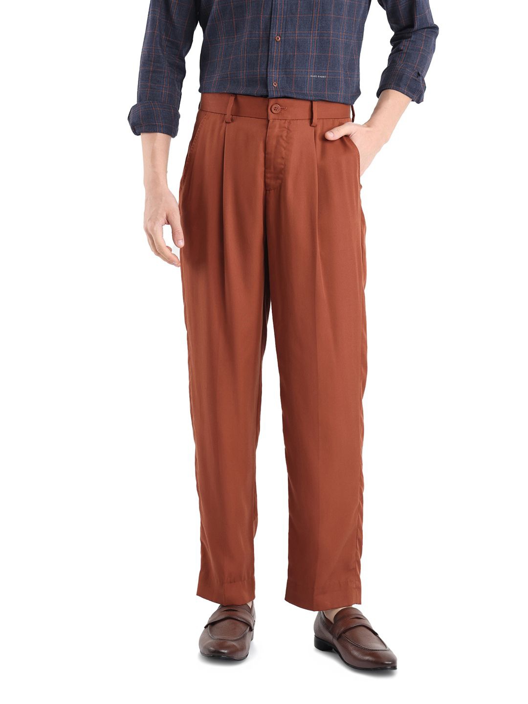 

RARE RABBIT Men Cotton Tailored High-Rise Pleated Trousers, Rust