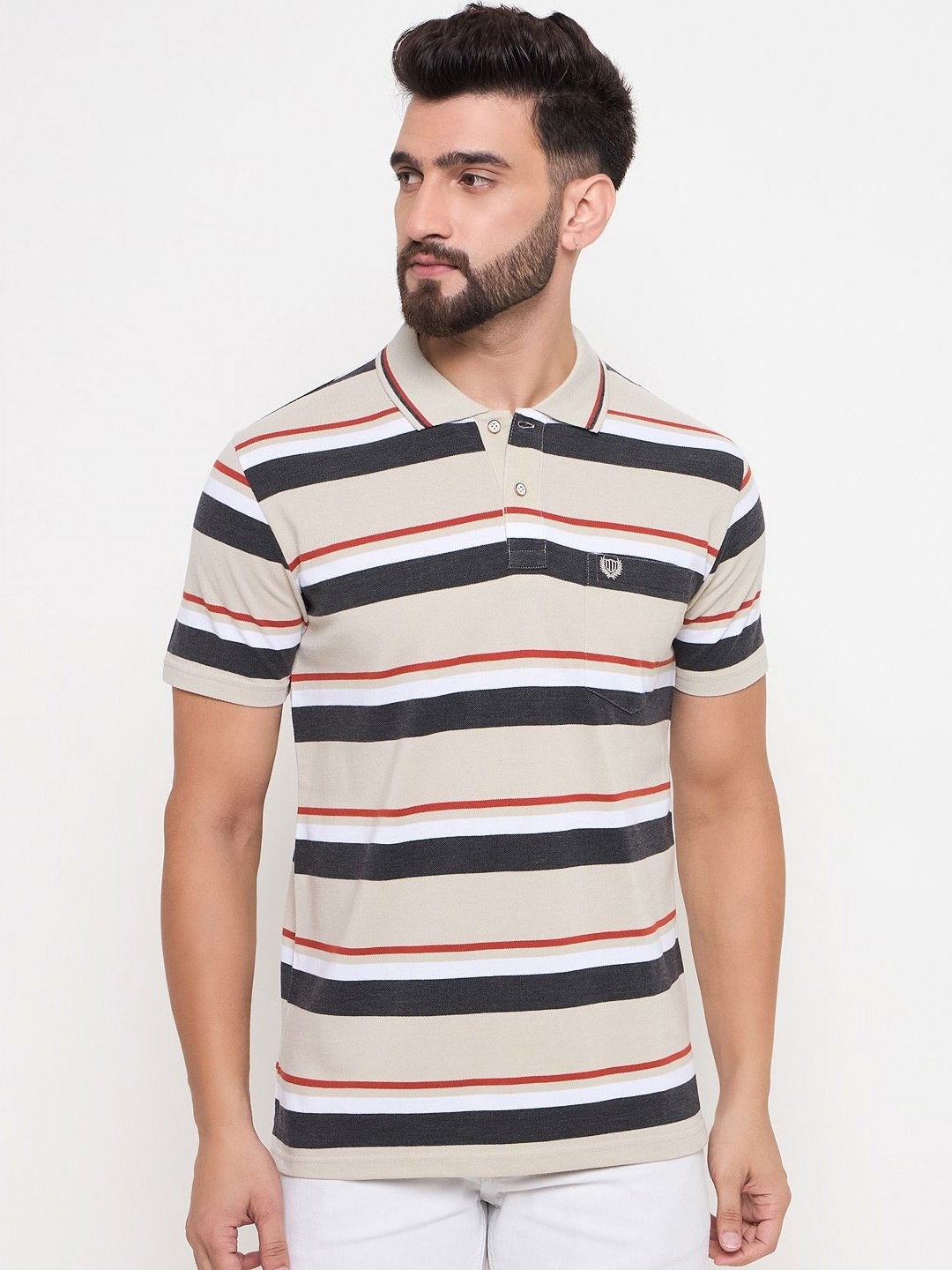 

Duke Men Striped Polo Collar Cotton T-shirt, Beige