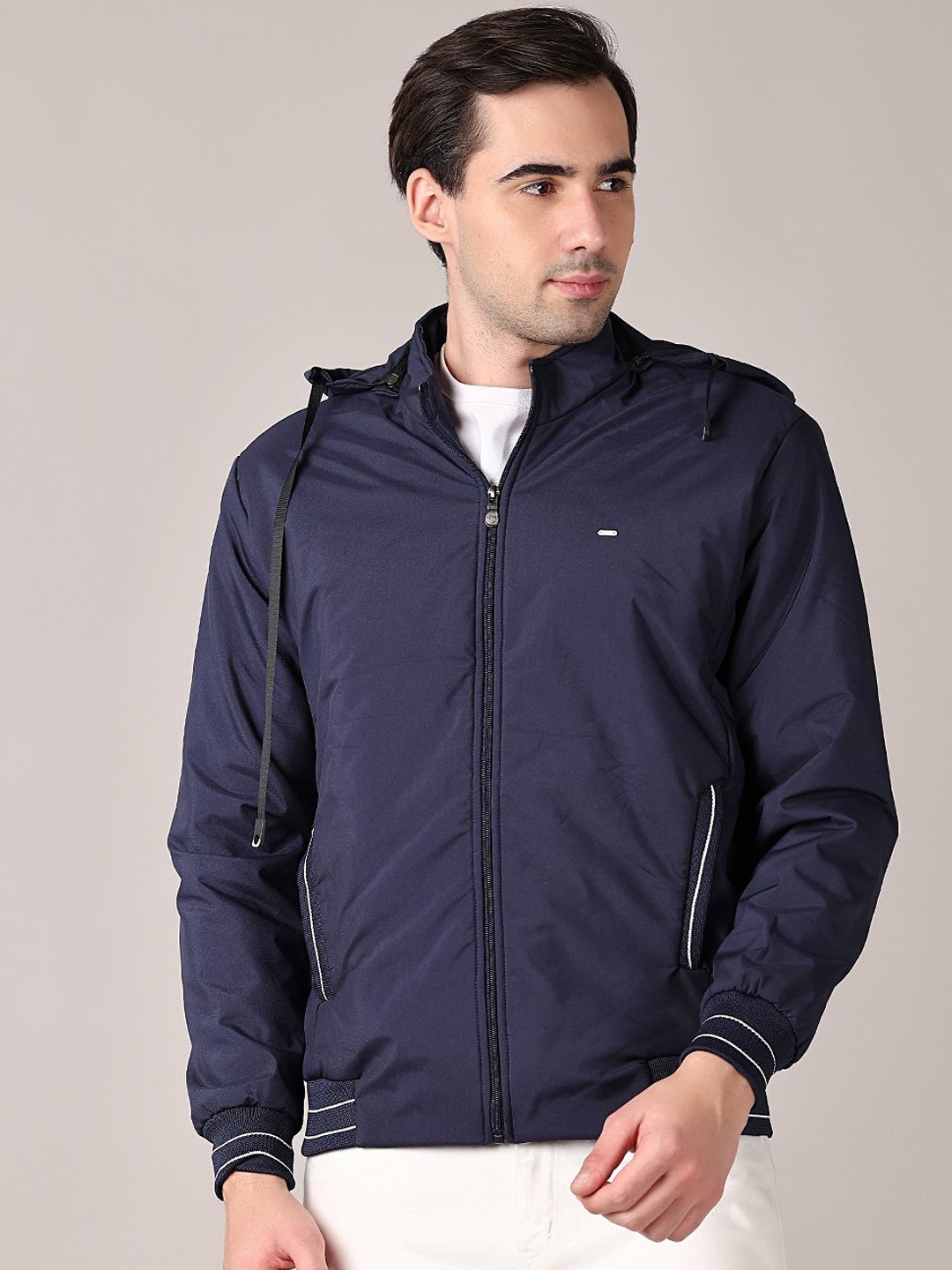 

V-Mart Men Hooded Solid Cotton Casual Bomber Jacket, Navy blue